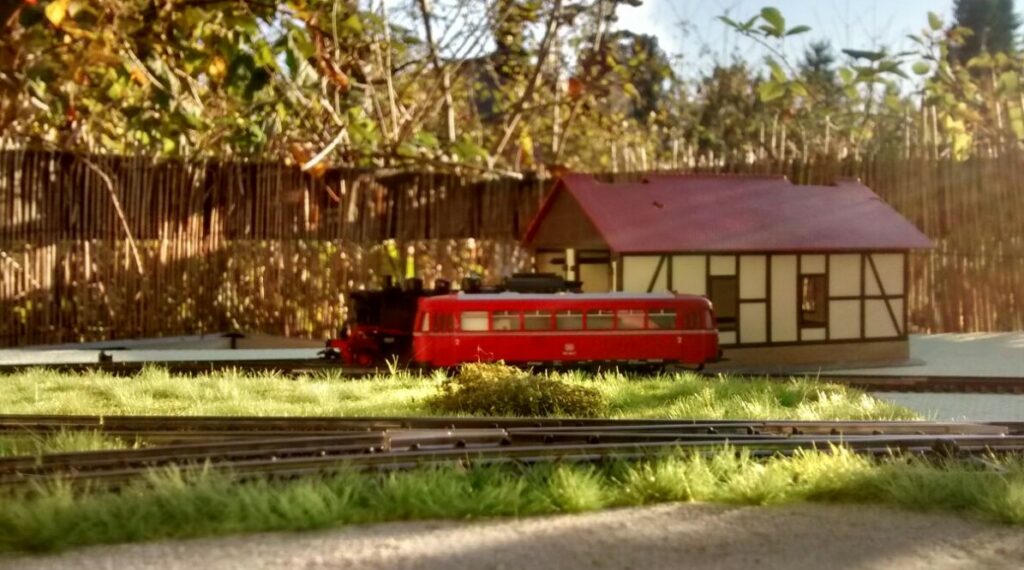 Auf der Elsavatalbahn: Foto der Fleischmann 1063 BR 64 335 Bubikopf (im Hintergrund) und davor ein Foto des Märklin 3016 + 4016 Schienenbus Baureihe VT 95 / 795 mit Anhänger.