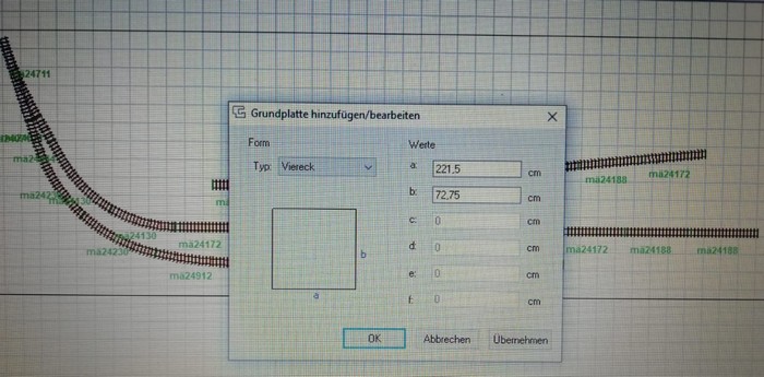 Der Märklin C-Gleis Plan für den künftigen Bahnhof Heidringen. Hier liegt die Anlagenlänge des Moduls bei über 221cm.