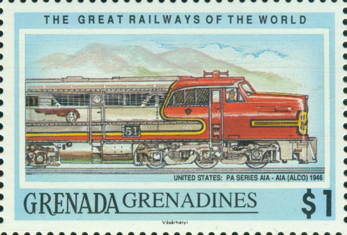 Die Briefmarke "Alco PA Series Diesel, 1946 (U.S.A.) - Great Railways of the World" von Grenada Grenadines vom 13. Februar 1992 (Foto: Honischer)