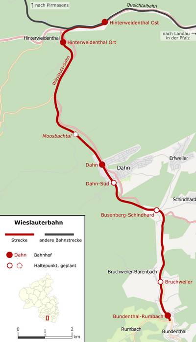 Der Streckenverlauf der Wieslautertalbahn. (Bild: CarportOpenStreetMap contributors, CC BY-SA 2.0 , via Wikimedia Commons)
