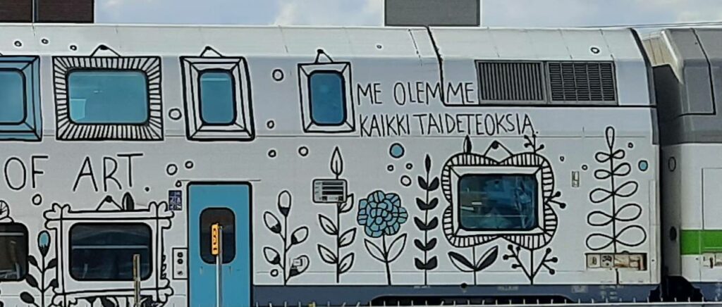 "Me Olemme Kaikki Taideteoksia" - Motiv des Siegermotivs der 16-jährigen Vasatjejen Ida Österholm im Kunstwettbewerb „In the same train“