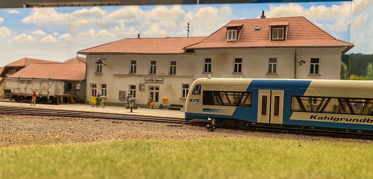 Ein Sprung zurück an den Ausgangpunkt der Tour: der Bahnhof Schöllkrippen. Gemütlich wirkt der BEMO Regio Shuttle RS1 hier auf dem Gleis. (Foto: Tobi)